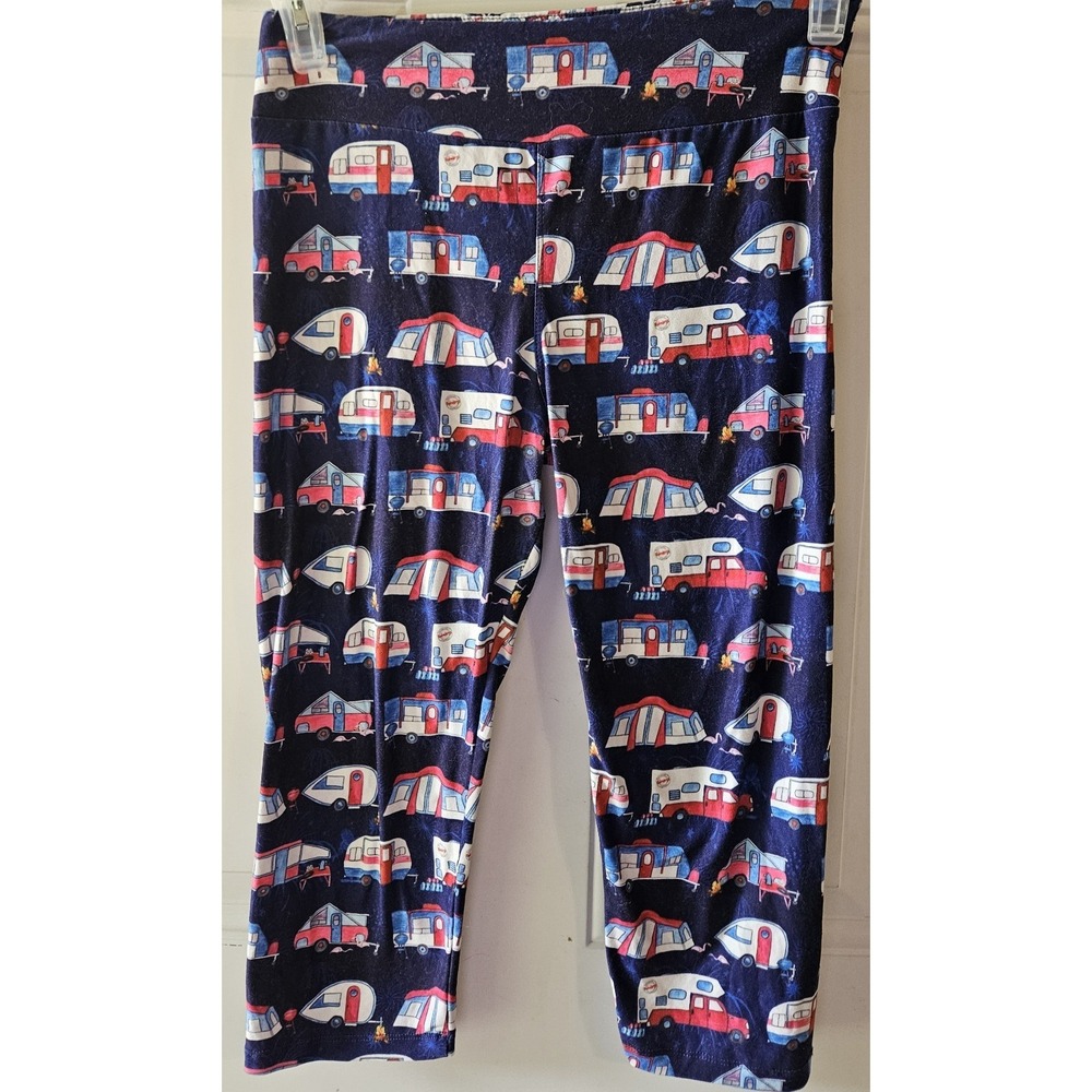 Women's Capri Leggings M Camping Camper RV Tent Print Navy Blue Red Stretch Soft